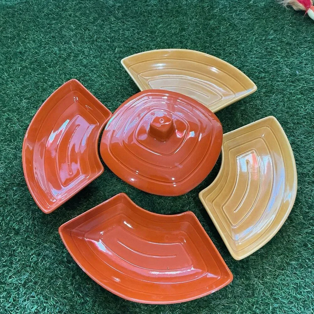 Vintage California Pottery 6 Pc Relish Serving Set Orange Brown CALIF USA MCM